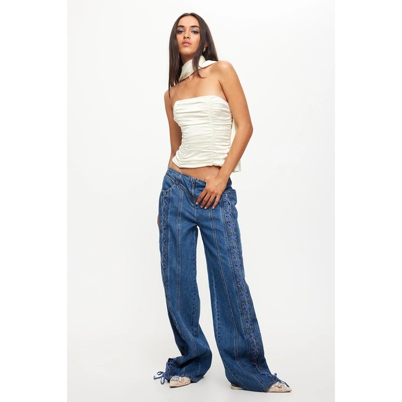 Lioness Denim - NWT Lioness Day Dream Tie Up Jeans Womens 8 Blue Denim Boho Baggy Slouchy Preppy